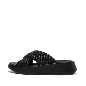 フィット フロップ F-MODE Woven-レザー Flatform Cross スライド レディース 黒 | Japan JIHKFP528