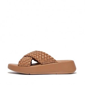 フィット フロップ F-MODE Woven-レザー Flatform Cross スライド レディース ブラウン | Japan VBSODY190